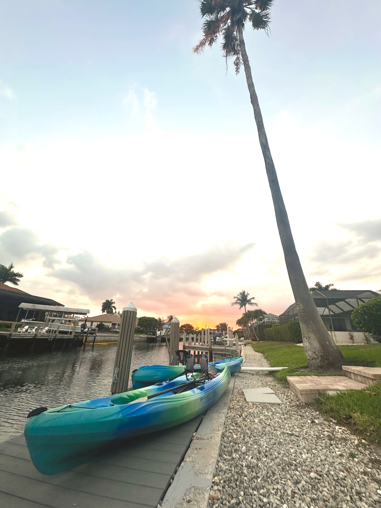Kayaks resting beside the canal dock under a palm tree at sunset on Marco Island